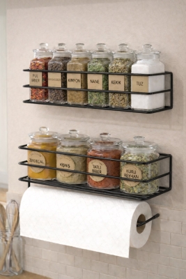 Yapışkanlı Baharatlık 2’li Metal Kağıt Havluluk Siyah Baharat Standı Mutfak Rafı Organizer Siyah - 2