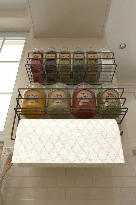 Yapışkanlı Baharatlık 2’li Metal Kağıt Havluluk Siyah Baharat Standı Mutfak Rafı Organizer Siyah - 4