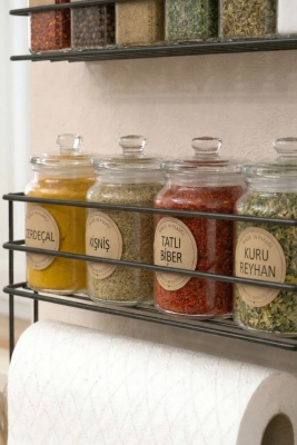 Yapışkanlı Baharatlık 2’li Metal Kağıt Havluluk Siyah Baharat Standı Mutfak Rafı Organizer Siyah - 5