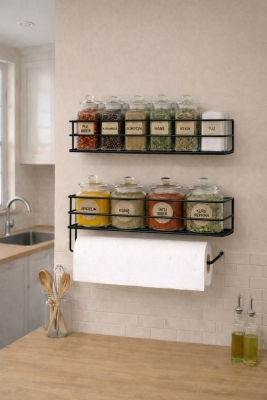 Yapışkanlı Baharatlık 2’li Metal Kağıt Havluluk Siyah Baharat Standı Mutfak Rafı Organizer Siyah - 6