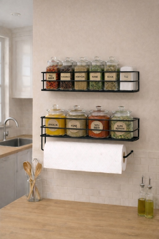 Yapışkanlı Baharatlık 2’li Metal Kağıt Havluluk Siyah Baharat Standı Mutfak Rafı Organizer Siyah - 6