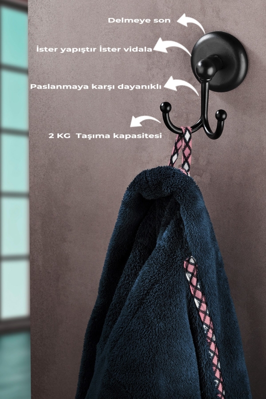 Yapışkanlı Bornoz Havlu Askılğı Çatallı Askılık Siyah S-112 KASA:2 - 3