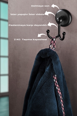 Yapışkanlı Bornoz Havlu Askılğı Çatallı Askılık Siyah S-112 KASA:2 - 6
