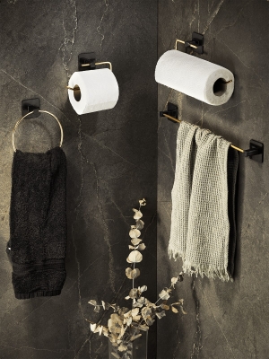 Yapışkanlı Gold 4’lü Banyo & Mutfak Havluluk Seti – WC Kağıtlık, Rulo, Çember ve Uzun Havlu Askısı - Sas Haus