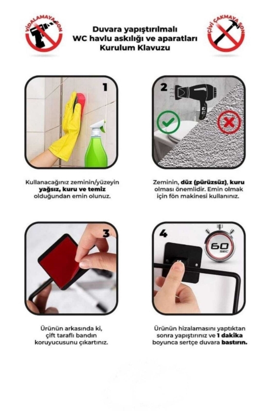 Yapışkanlı Krom Uzun Havluluk Duvar Tipi Delme Gerektirmez Banyo Havlu Askılığı S-101 KTK - 8