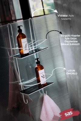 Yapışkanlı Ömür Boyu Paslanmaz Kristal Raf Banyo Düzenleyici Şampuanlık BEYAZ-SİYAH Duşakabin Askıs - 2
