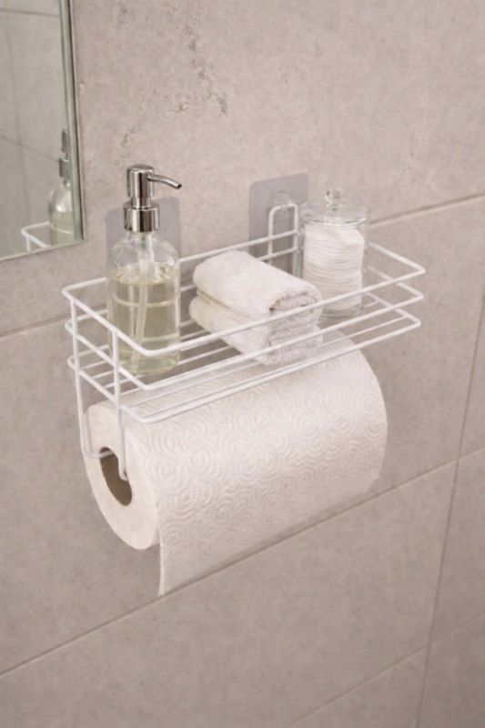 Yapışkanlı Raflı Kağıt Rulo Havluluk Peçetelik Havlu Kağıtlık Beyaz Banyo Mutfak Düzenleyici Raf Shr - 1