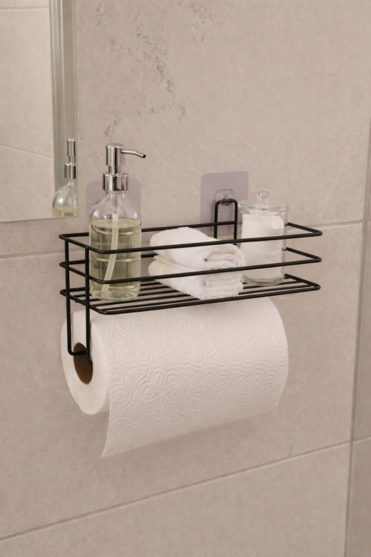 Yapışkanlı Raflı Kağıt Rulo Havluluk Peçetelik Havlu Kağıtlık Siyah Banyo Mutfak Düzenleyici SHR-01 - 1