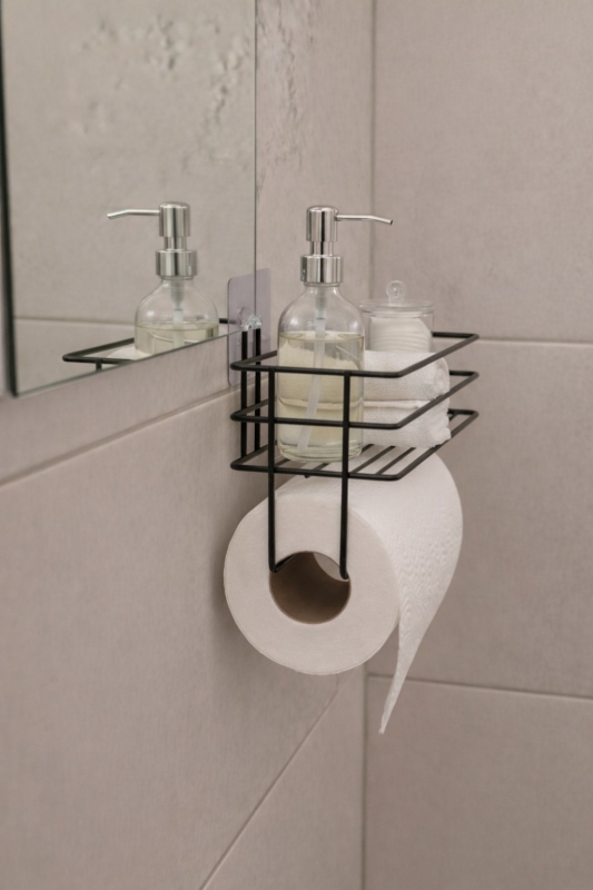 Yapışkanlı Raflı Kağıt Rulo Havluluk Peçetelik Havlu Kağıtlık Siyah Banyo Mutfak Düzenleyici SHR-01 - 2