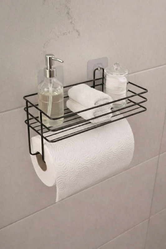 Yapışkanlı Raflı Kağıt Rulo Havluluk Peçetelik Havlu Kağıtlık Siyah Banyo Mutfak Düzenleyici SHR-01 - 3