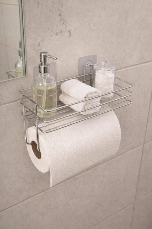 Yapışkanlı Raflı Kağıt Rulo Havluluk Peçetelik Krom Banyo Mutfak Düzenleyici Raf SHR-01 - 1