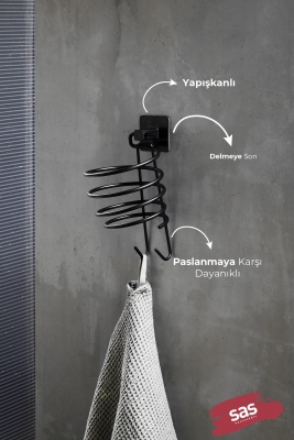 Siyah Yapışkanlı Saç Kurutmalık, Saç Kurutma Makine Askısı, Banyo Askısı Y-01 - 8