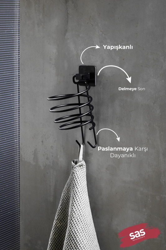 Siyah Yapışkanlı Saç Kurutmalık, Saç Kurutma Makine Askısı, Banyo Askısı Y-01 - 8