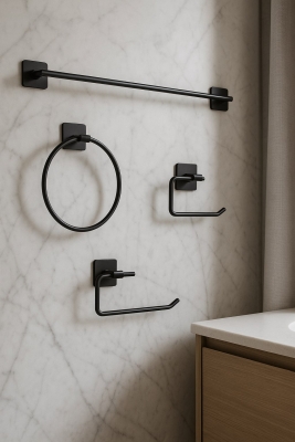 Yapışkanlı Siyah 4’lü Banyo & Mutfak Havluluk Seti – WC Kağıtlık, Rulo, Çember & Uzun Havlu Askısı - Sas Haus