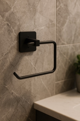 Yapışkanlı Siyah 4’lü Banyo & Mutfak Havluluk Seti – WC Kağıtlık, Rulo, Çember & Uzun Havlu Askısı - 4
