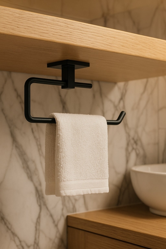 Yapışkanlı Siyah 4’lü Banyo & Mutfak Havluluk Seti – WC Kağıtlık, Rulo, Çember & Uzun Havlu Askısı - 5