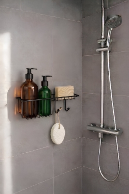 Yapışkanlı Siyah Banyo Rafı Delme Gerektirmeyen Duş Organizeri Şampuanlık Sabunluk Seti AŞ-01 - Sas Haus