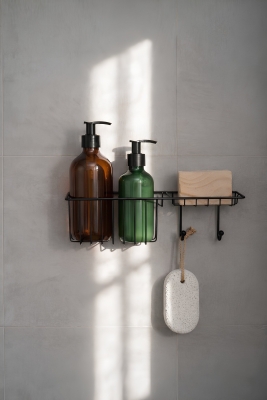 Yapışkanlı Siyah Banyo Rafı Delme Gerektirmeyen Duş Organizeri Şampuanlık Sabunluk Seti AŞ-01 - 2