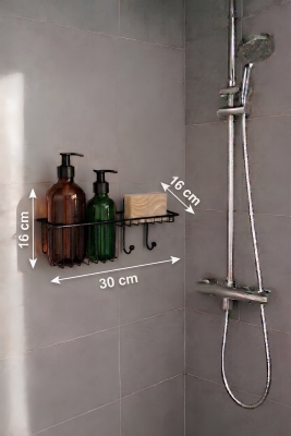 Yapışkanlı Siyah Banyo Rafı Delme Gerektirmeyen Duş Organizeri Şampuanlık Sabunluk Seti AŞ-01 - 7