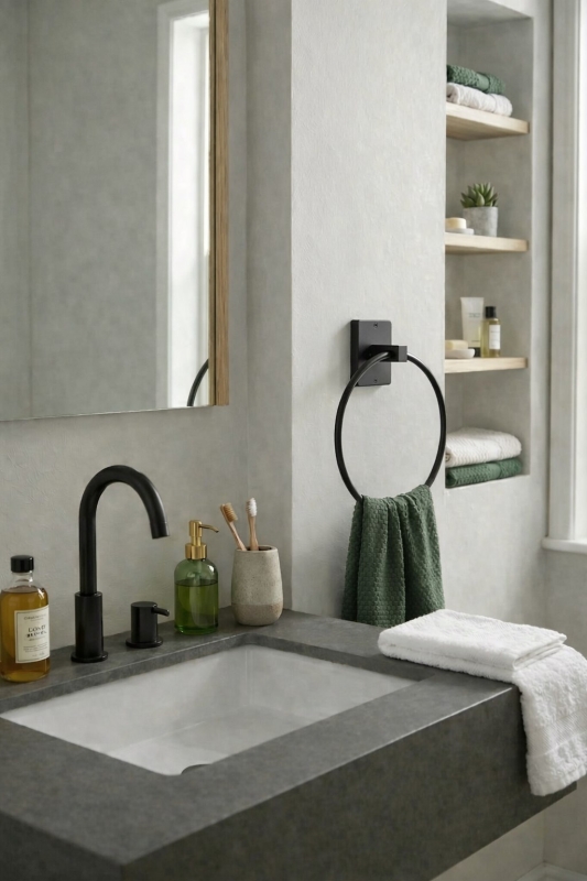 Yapışkanlı Siyah Halka Havluluk Duvar Tipi Delme Gerektirmez Banyo Havlu Askılığı S-102 KTS - 6