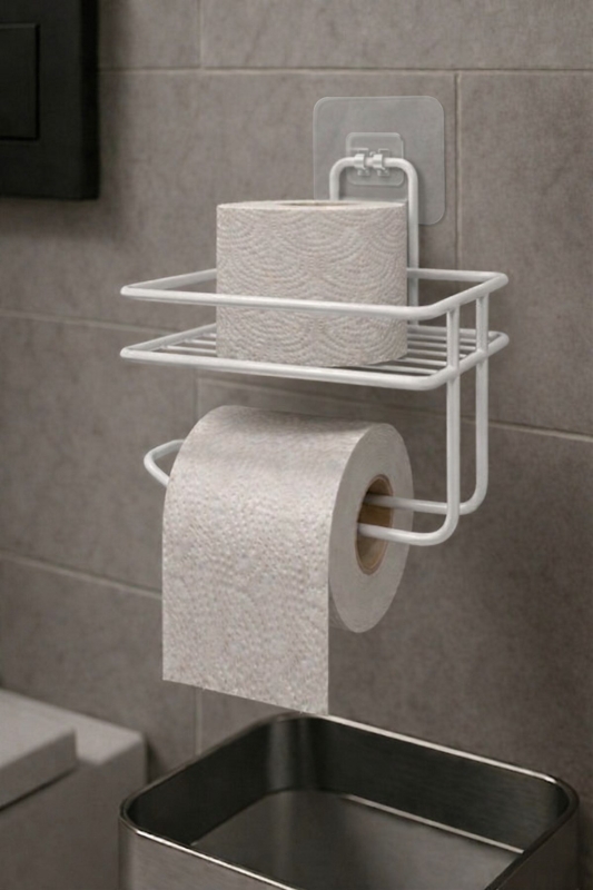 Yapışkanlı Tuvalet Kağıtlığı Delmesiz Vidalamasız Metal Banyo Kağıtlık Askısı Beyaz S-120 - 1
