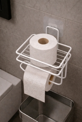 Yapışkanlı Tuvalet Kağıtlığı Delmesiz Vidalamasız Metal Banyo Kağıtlık Askısı Beyaz S-120 - 5