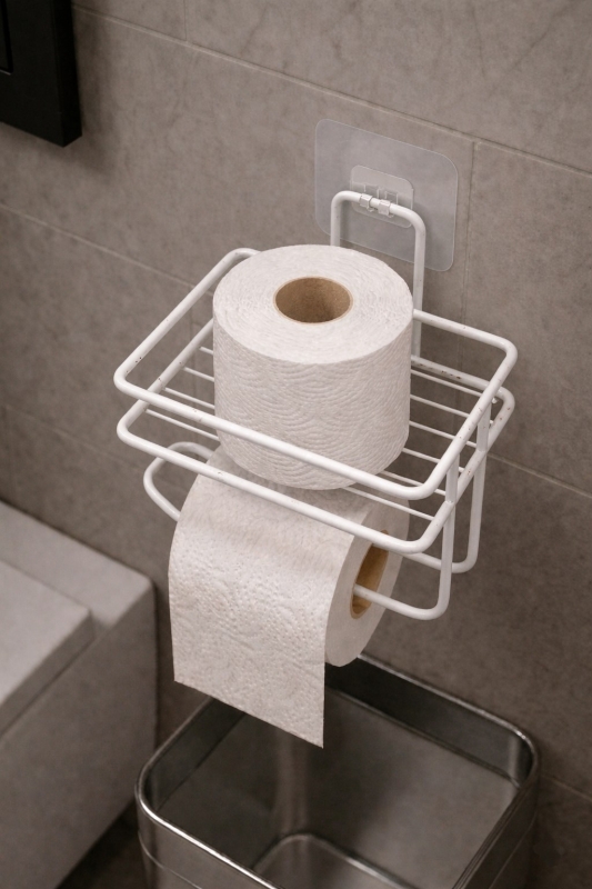 Yapışkanlı Tuvalet Kağıtlığı Delmesiz Vidalamasız Metal Banyo Kağıtlık Askısı Beyaz S-120 - 5