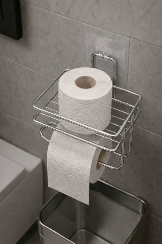 Yapışkanlı Tuvalet Kağıtlığı Delmesiz Vidalamasız Metal Banyo Kağıtlık Askısı Krom S-120 - 5