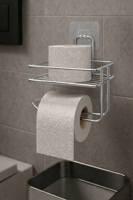 Yapışkanlı Tuvalet Kağıtlığı Delmesiz Vidalamasız Metal Banyo Kağıtlık Askısı Krom S-120 - 1