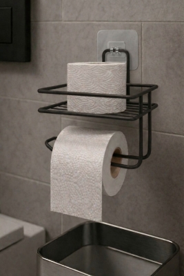 Yapışkanlı Tuvalet Kağıtlığı Delmesiz Vidalamasız Metal Banyo Kağıtlık Askısı Siyah S-120 - Sas Haus