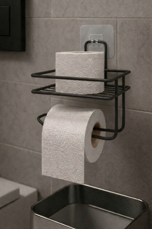 Yapışkanlı Tuvalet Kağıtlığı Delmesiz Vidalamasız Metal Banyo Kağıtlık Askısı Siyah S-120 - 1