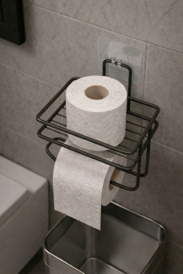 Yapışkanlı Tuvalet Kağıtlığı Delmesiz Vidalamasız Metal Banyo Kağıtlık Askısı Siyah S-120 - 5