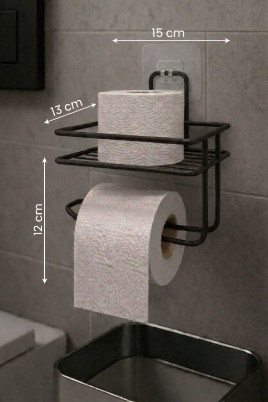 Yapışkanlı Tuvalet Kağıtlığı Delmesiz Vidalamasız Metal Banyo Kağıtlık Askısı Siyah S-120 - 7
