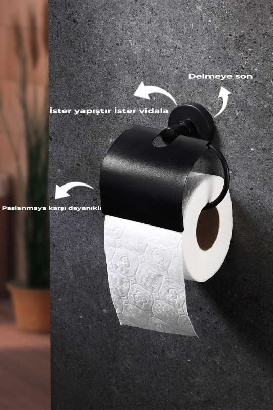 Yapışkanlı Tuvalet Kağıtlığı Wc Kağıtlık Tuvalet Kağıdı Askısı Geniş Kapak Siyah S-109 - 6