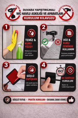 Yapışkanlı Uzun Havluluk Havlu Asacağı Siyah S-101 KASA-6 - 8
