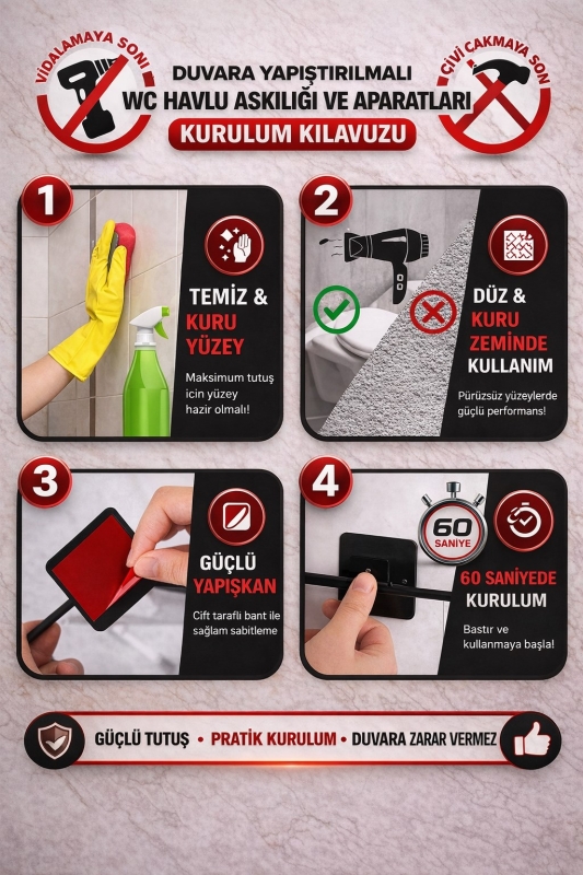 Yapışkanlı Uzun Havluluk Havlu Asacağı Siyah S-101 KASA-6 - 8