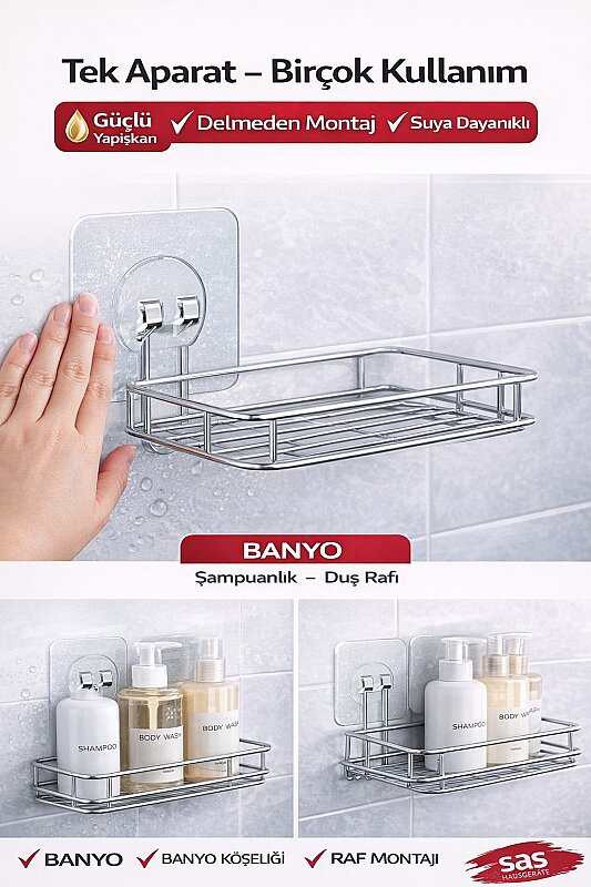2'li Banyo Rafı Yapışkanı – Delmeden Şampuanlık ve Banyo Köşelik Montaj Aparatı - 3