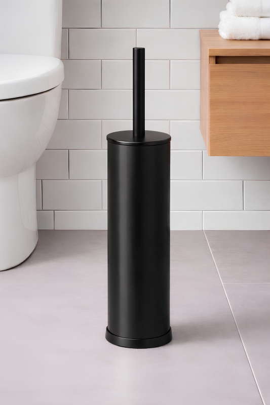 Metal Tuvalet Fırçası - Modern Banyo Klozet Fırça Takımı - Kapaklı Tasarım Titan Siyah 7000 - 2