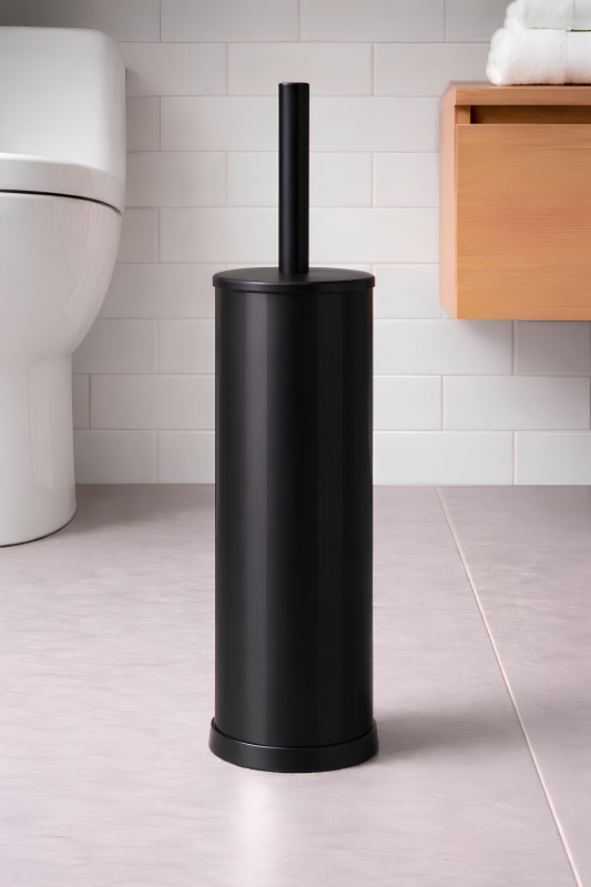 Metal Tuvalet Fırçası - Modern Banyo Klozet Fırça Takımı - Kapaklı Tasarım Titan Siyah 7000 - 4