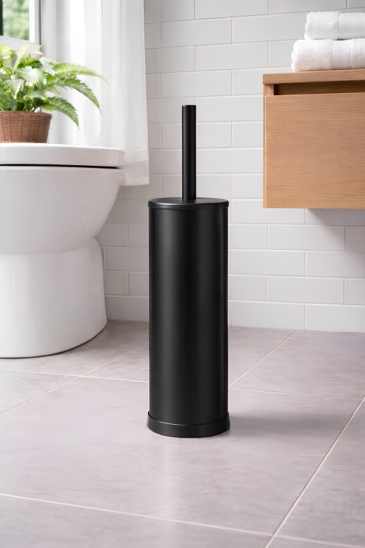 Metal Tuvalet Fırçası - Modern Banyo Klozet Fırça Takımı - Kapaklı Tasarım Titan Siyah 7000 - 6