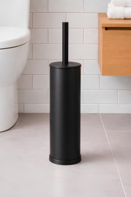 Metal Tuvalet Fırçası - Modern Banyo Klozet Fırça Takımı - Kapaklı Tasarım Titan Siyah 7000 - SAS