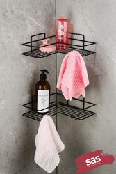 Sas Haus - Yapışkanlı Ömür Boyu Paslanmaz Banyo Köşeliği Rafı Banyo Düzenleyici Şampuanlık 2 ADET Siyah
