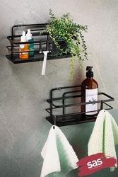 Sas Haus - Yapışkanlı Paslanmaz Kristal Ayarlanabilir Raf Banyo Düzenleyici Şampuanlık 2 ADET Siyah LŞ-01 SS